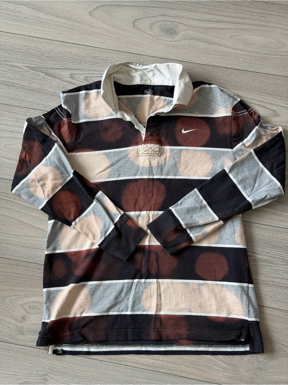 Nike Brown & Cream Striped Rugby Shirt with White Collar